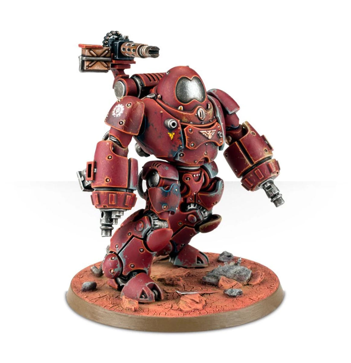 Painted Kastelan Robot striding forward on a desert base, three-quarter view