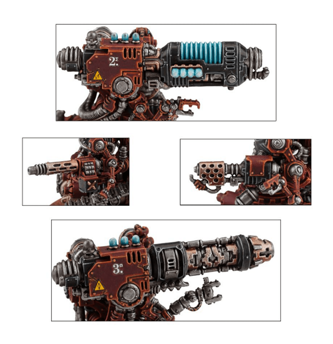 Close-ups of Kataphron Destroyer weapon options including a plasma culverin, Adeptus Mechanicus