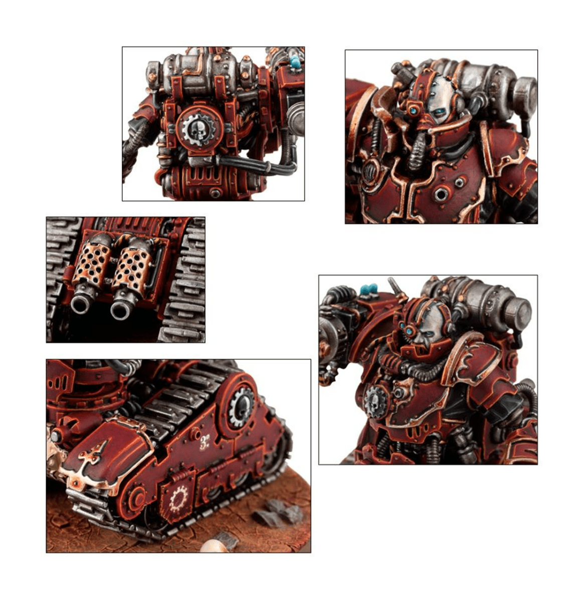 Close-ups of painted Kataphron Battle Servitor armour, tracks and weapon mounts
