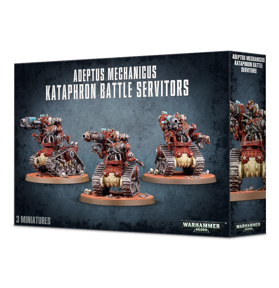 Games Workshop Adeptus Mechanicus Kataphron Battle Servitors box front showing three tracked servitors