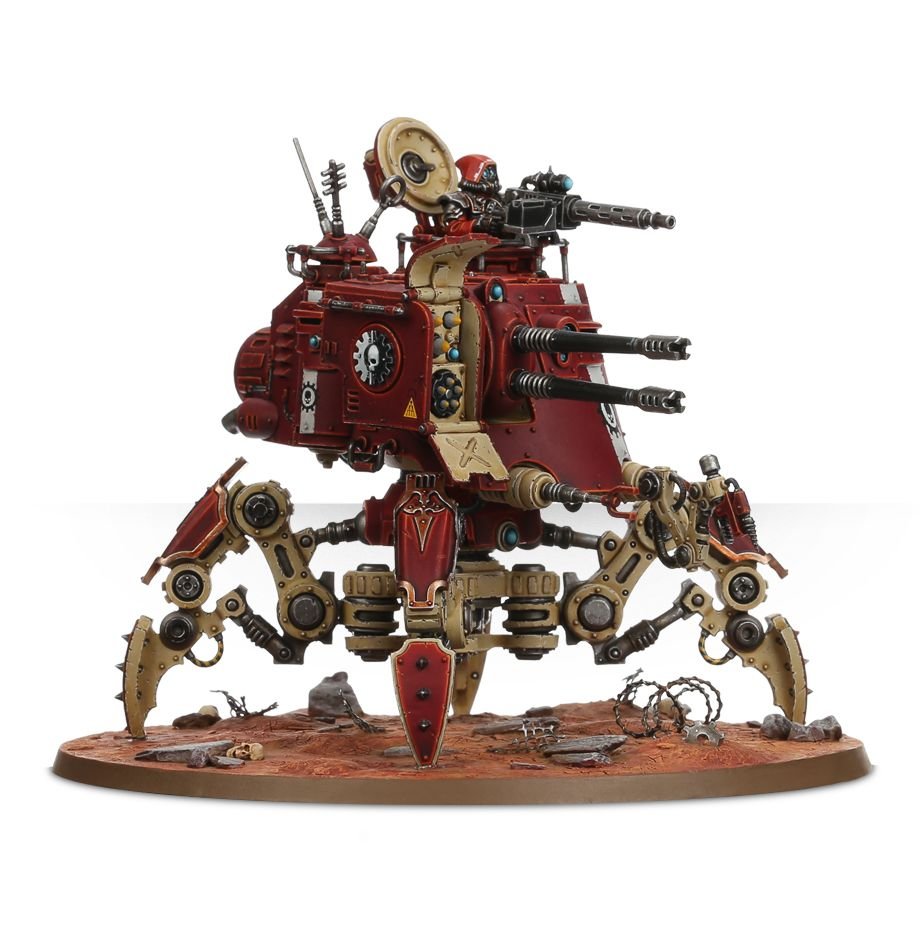 Painted Adeptus Mechanicus Onager Dunecrawler with twin-barrelled turret, front view