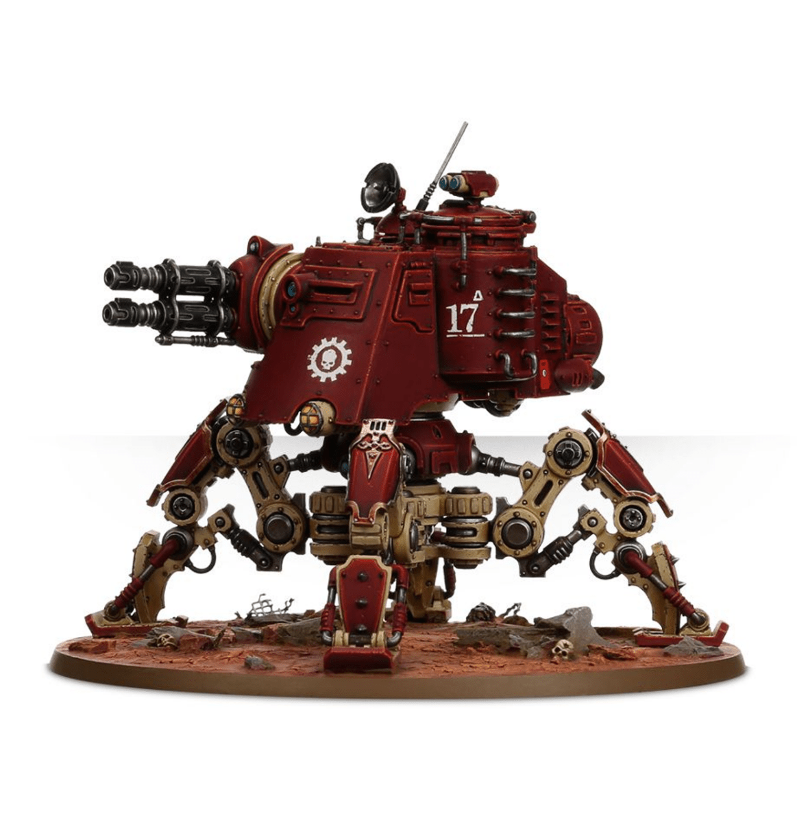 Painted Adeptus Mechanicus Onager Dunecrawler with rotary cannon turret, side view