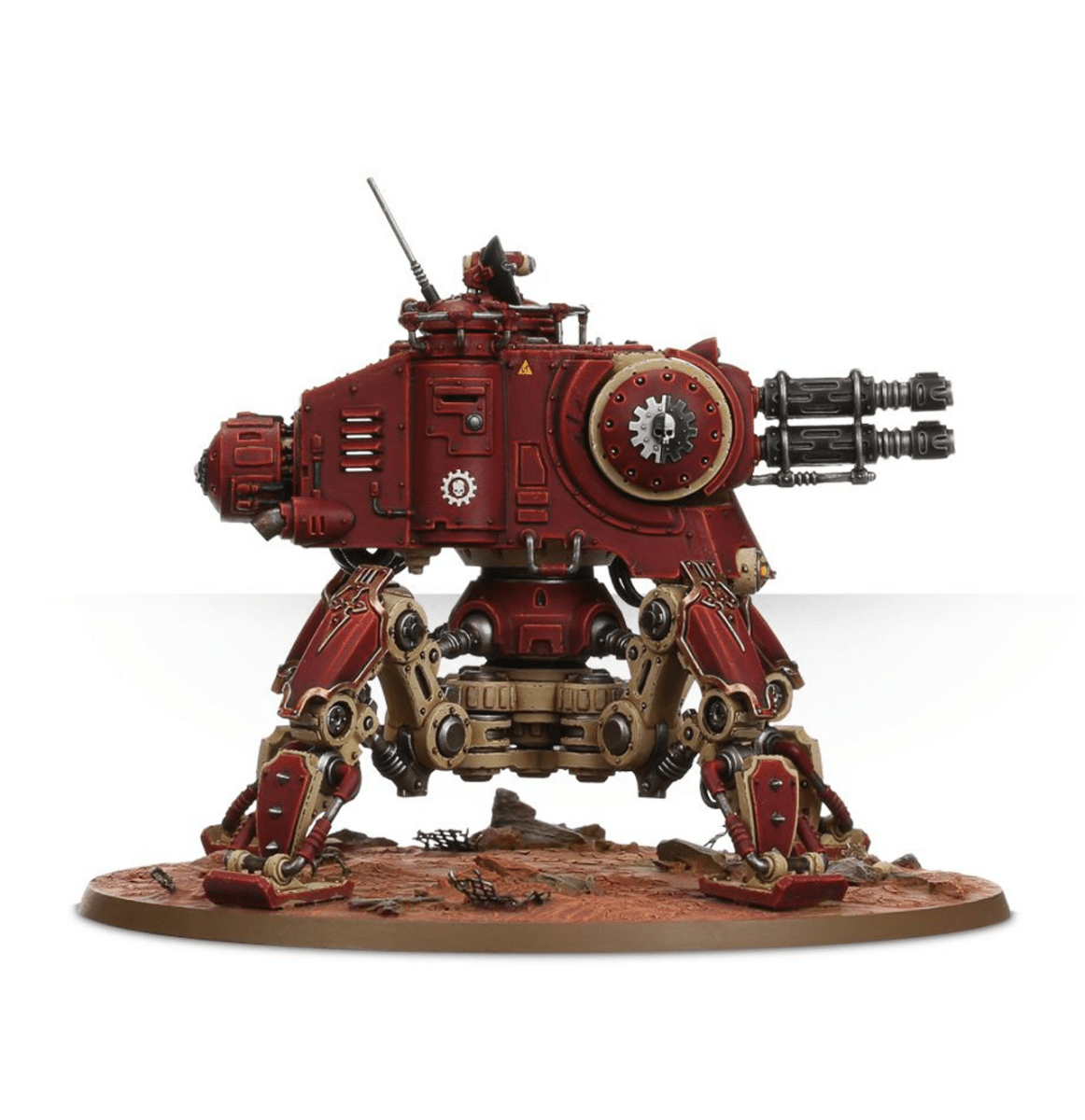 Painted Onager Dunecrawler with gatling-style cannon, side profile on desert base