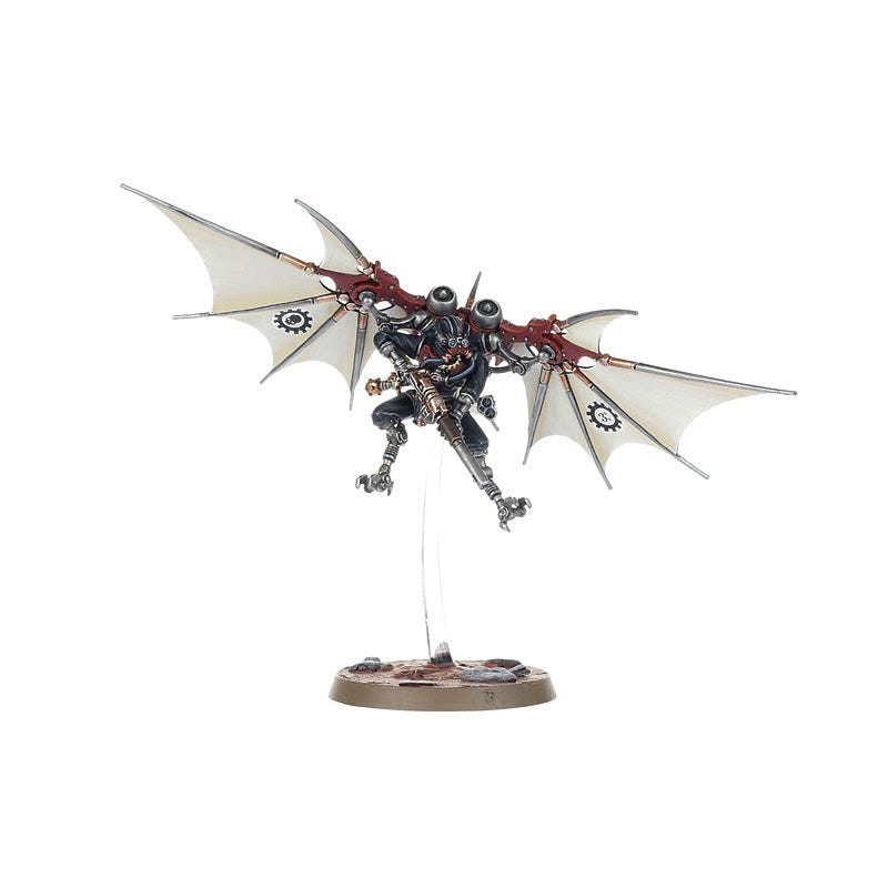 Painted Pteraxii flier with pale wings viewed from the side on a flying base, Adeptus Mechanicus