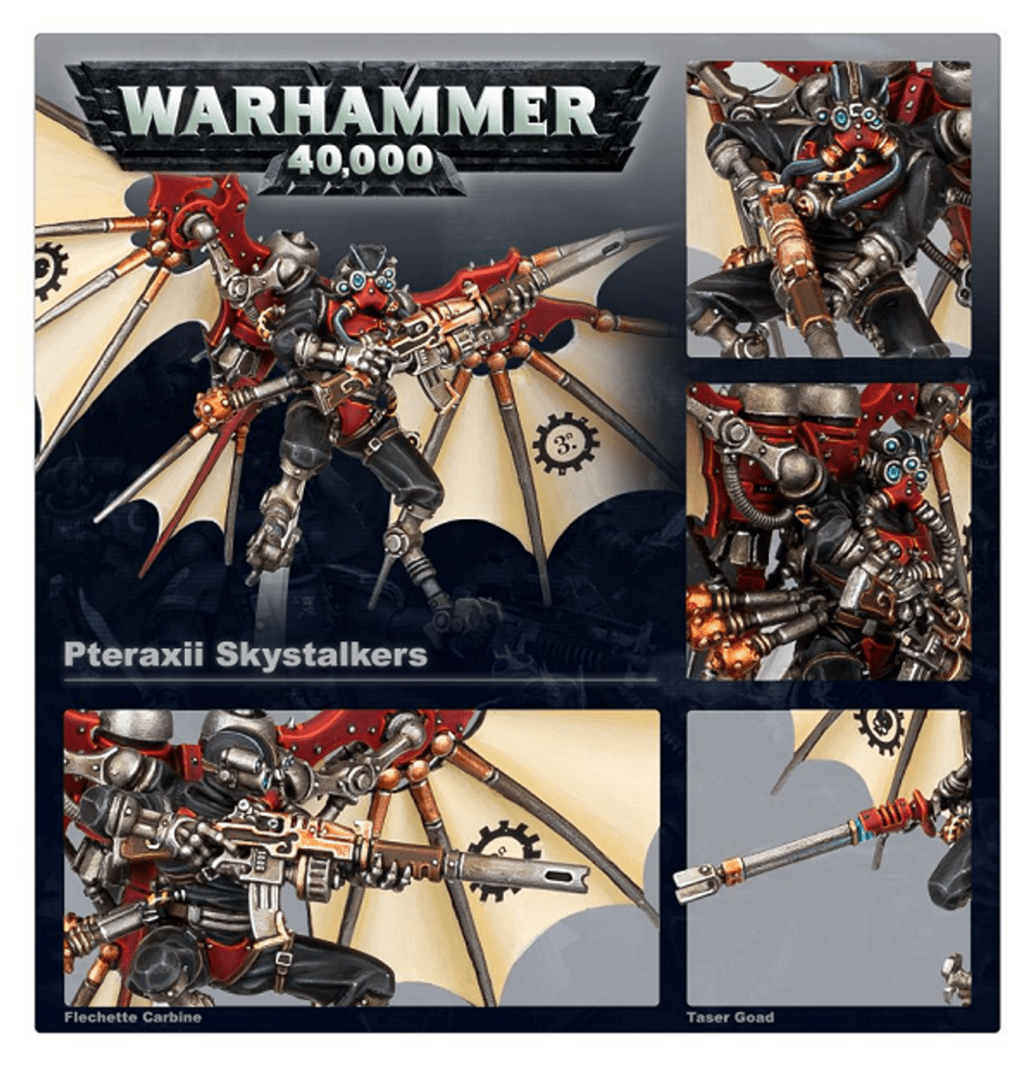 Games Workshop Pteraxii Skystalkers promo panel with close-ups of flechette carbine and taser goad