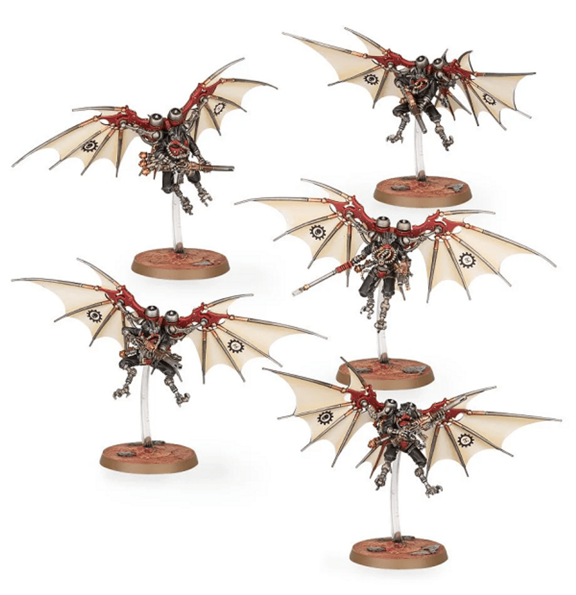 Five painted Pteraxii Sterylizors on flying stems with phosphor torches, Adeptus Mechanicus