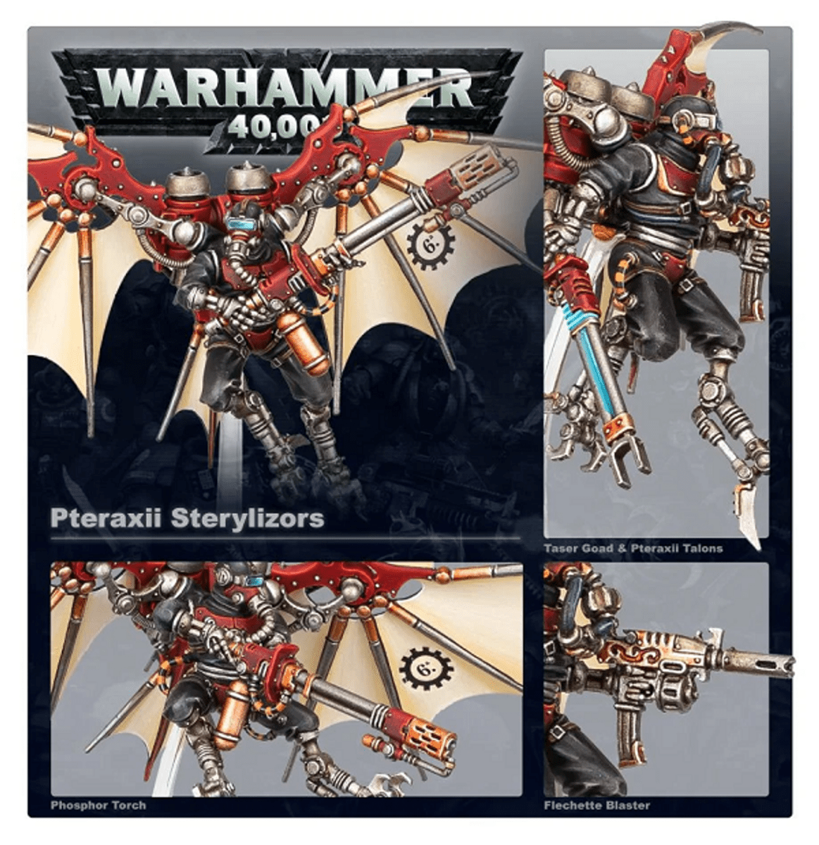 Games Workshop Pteraxii Sterylizors promo panel with close-ups of phosphor torch and flechette blaster