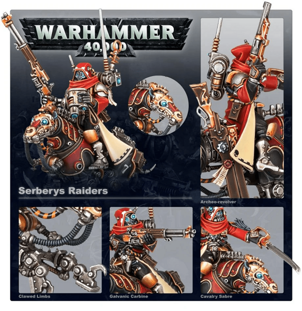Serberys Raiders detail shots of clawed limbs, galvanic carbine and cavalry sabre