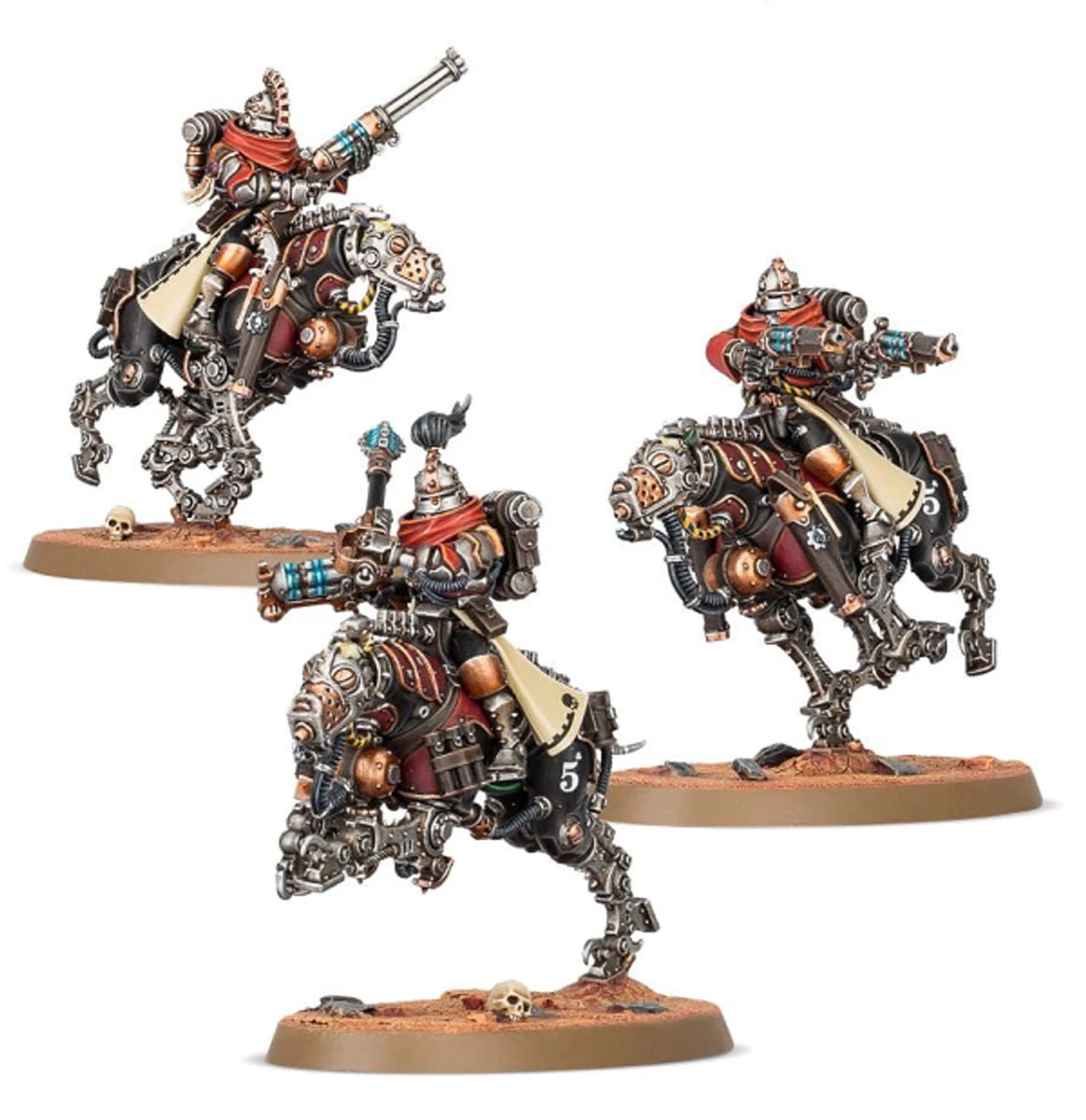 Three painted Serberys Sulphurhounds on mechanical mounts with pistols