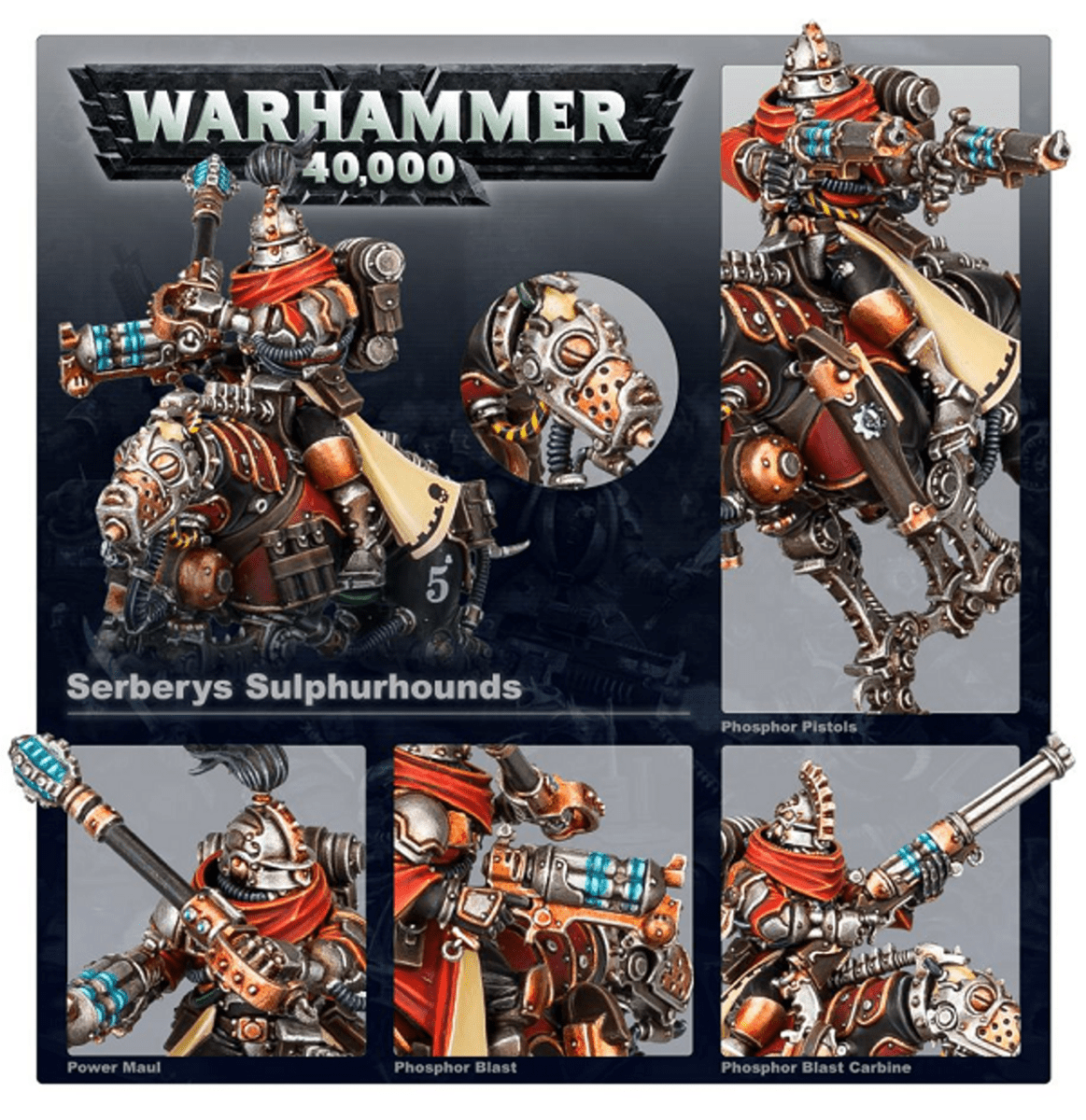 Serberys Sulphurhounds detail shots of power maul, phosphor blast pistols and carbine