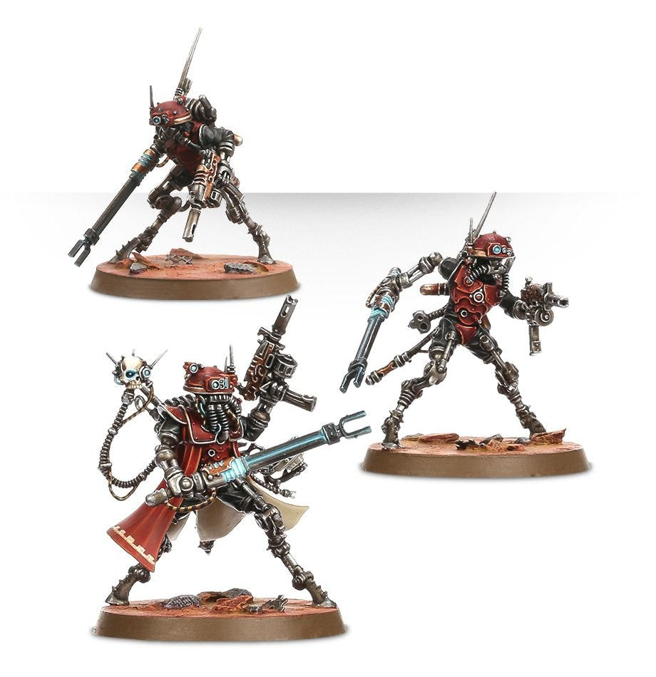 Three painted Adeptus Mechanicus Sicarian Infiltrators, group from the front