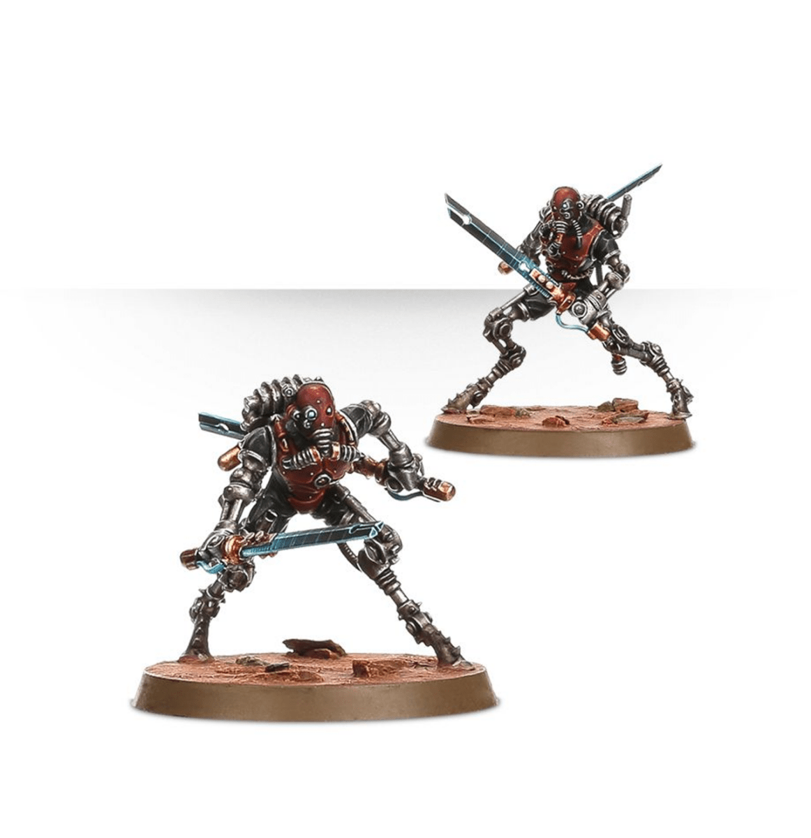 Two painted Adeptus Mechanicus Sicarians with blades in stalking poses