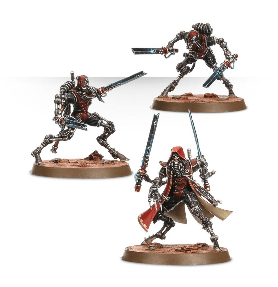 Three painted Sicarian Ruststalkers with long transonic razors and hooded leader