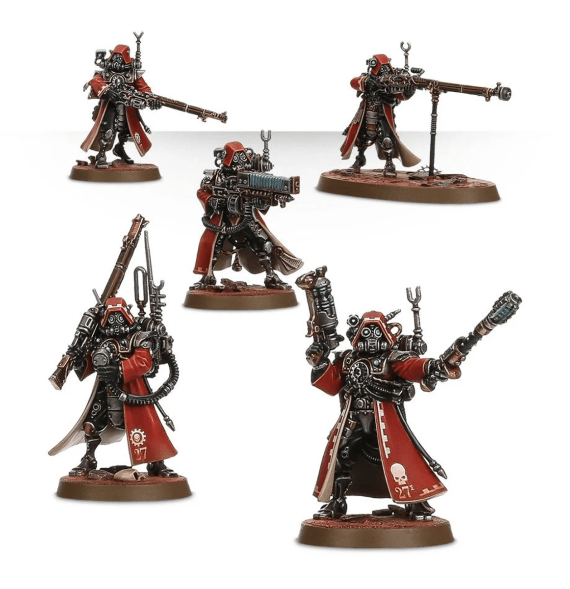 Five painted Skitarii Rangers with galvanic rifles, transuranic arquebus and Alpha with arc maul