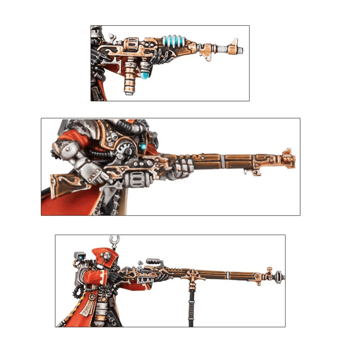 Close-ups of Skitarii weapons: arc rifle, galvanic rifle and transuranic arquebus