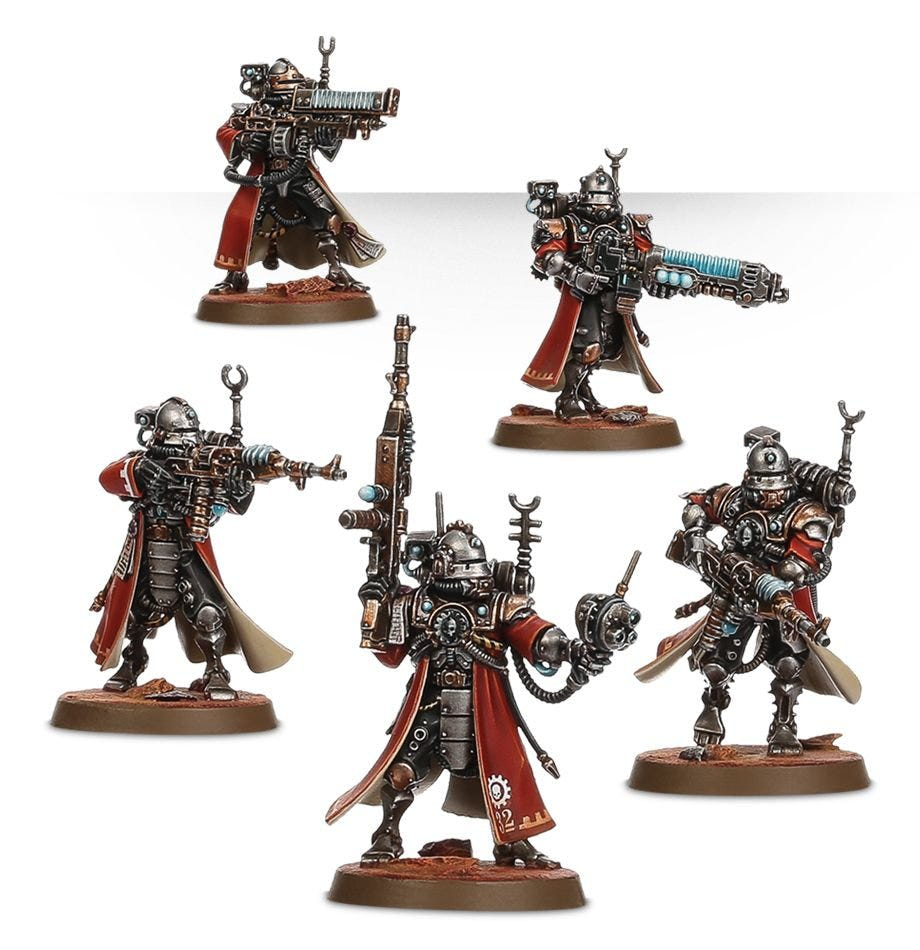 Group of five painted Skitarii with special weapons, alternative angle, Adeptus Mechanicus