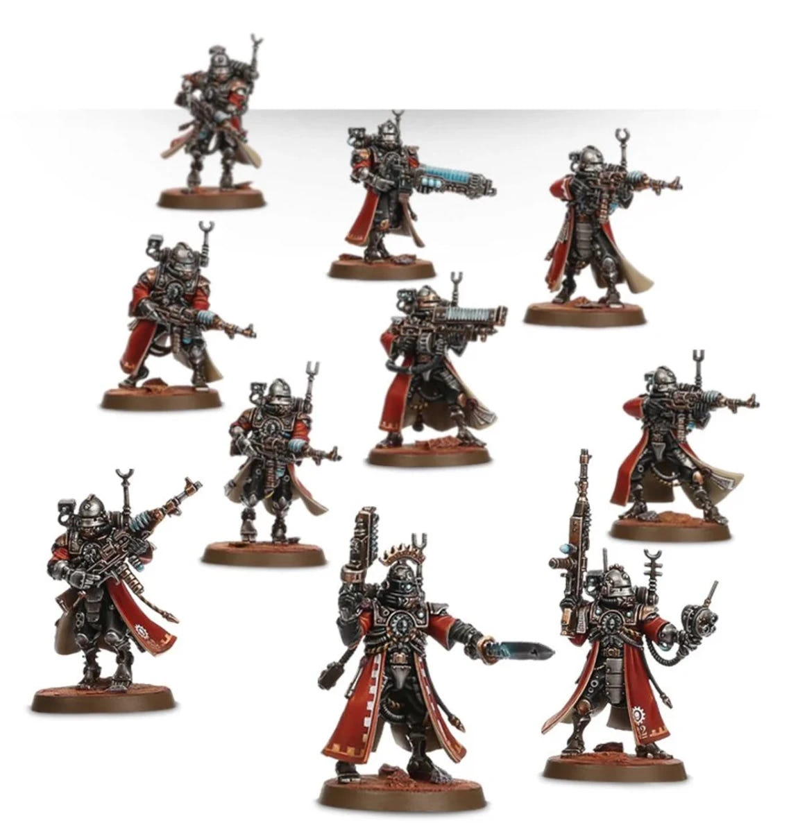 Ten painted Skitarii Vanguard in red robes with radium carbines, plasma caliver and Alpha