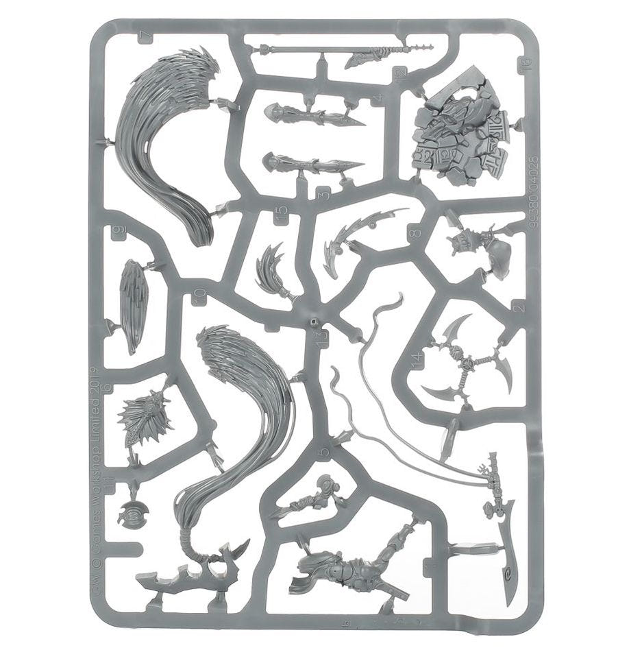 Games Workshop Aeldari Jain Zar unpainted plastic sprue, single frame of 16 components