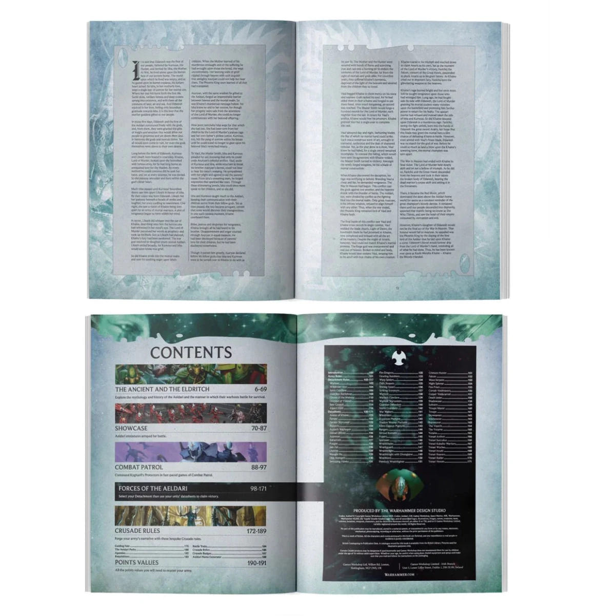 Codex: Aeldari inside pages showing lore text and the contents list