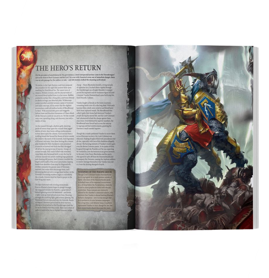 Dawnbringers: The Long Hunt open spread showing The Hero's Return text and Stormcast artwork
