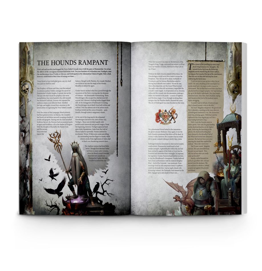 Age of Sigmar Hounds of Chaos book open at The Hounds Rampant lore spread with illustrations