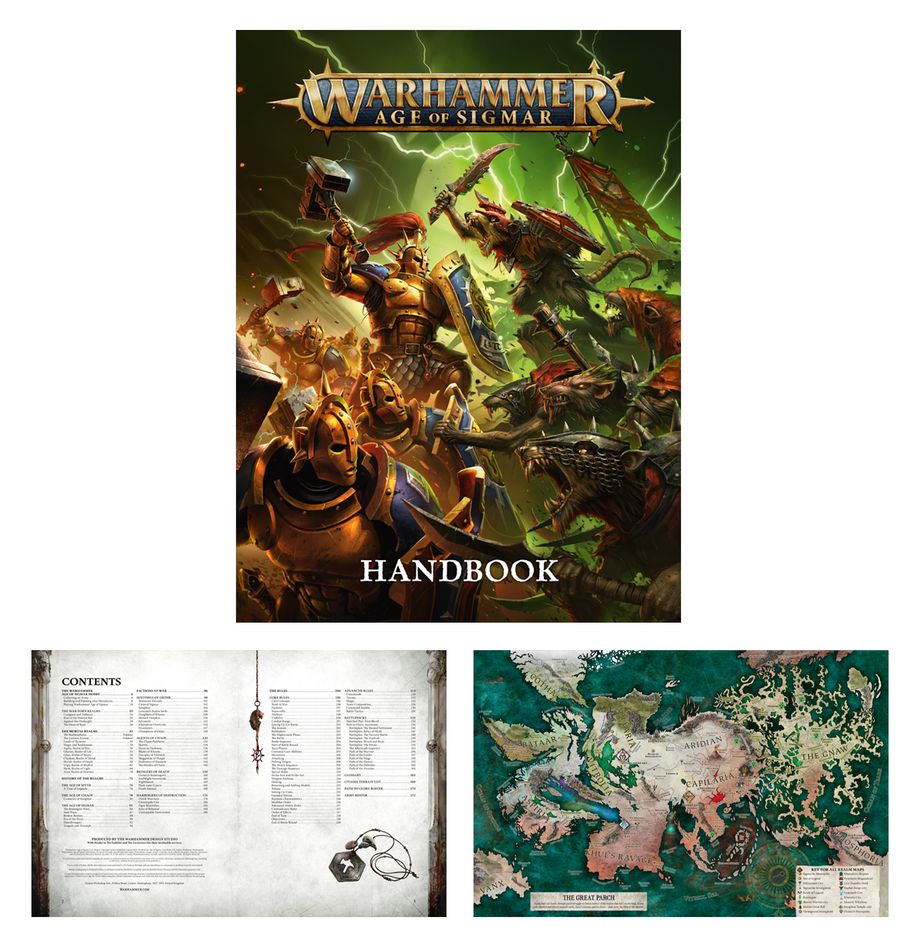 Age of Sigmar Introductory Set Handbook cover with contents and map pages