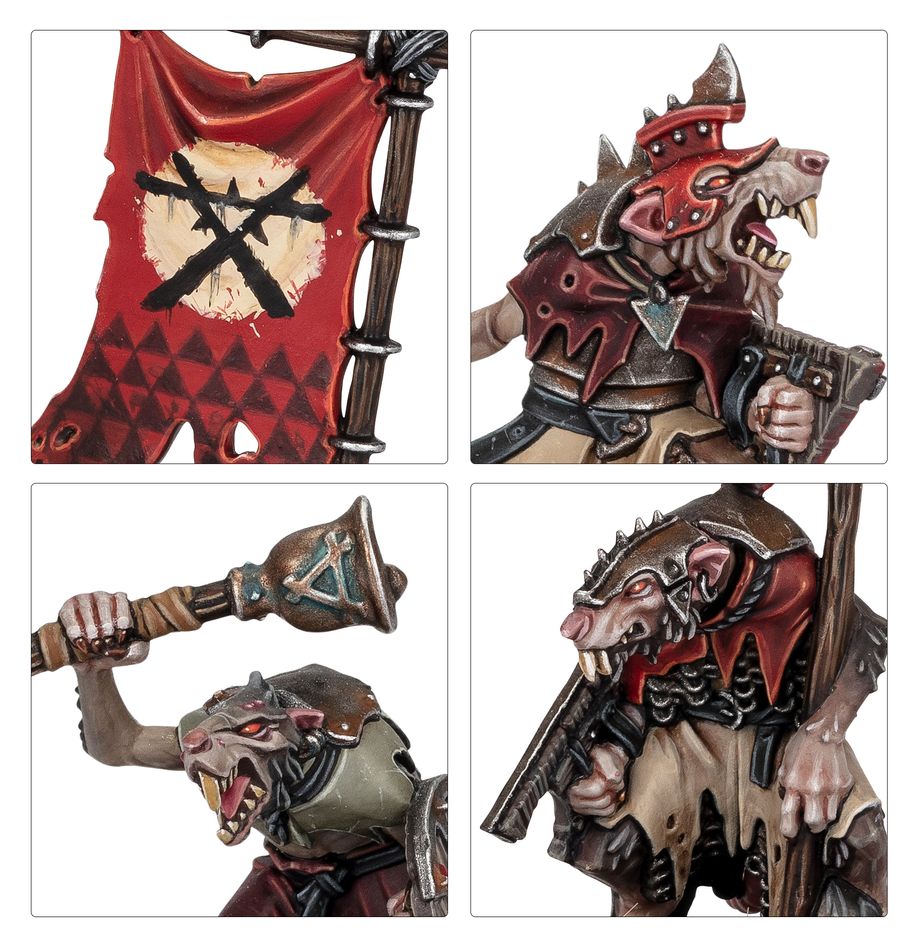 Close-ups of painted Skaven Clanrats: tattered banner, helmets and weapons