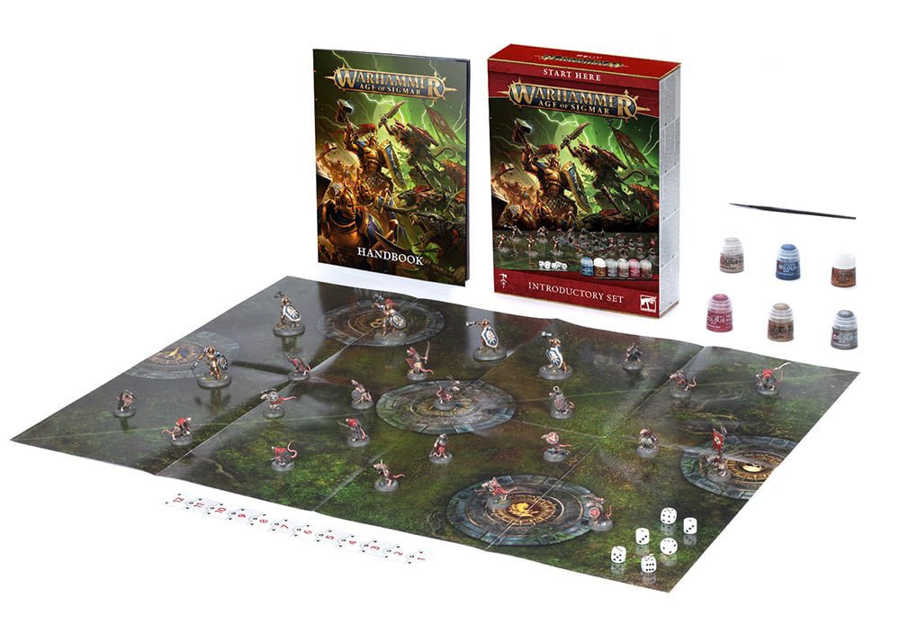 Games Workshop Age of Sigmar Introductory Set contents: box, handbook, gaming mat, paints and dice