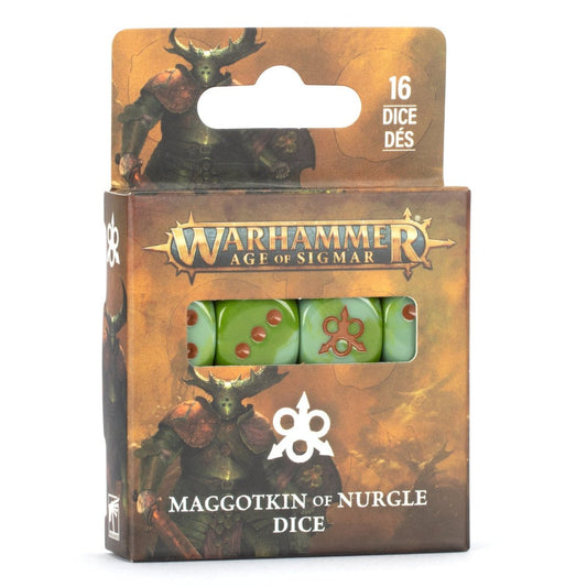 Warhammer Age of Sigmar dice set packaging with green dice and warrior illustration on a white background