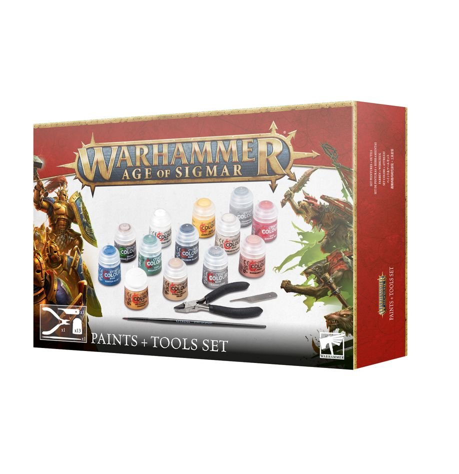 Games Workshop Warhammer Age of Sigmar Paints + Tools Set box, angled front view