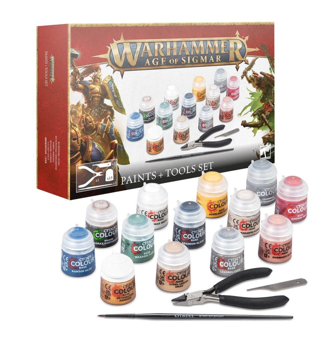 Games Workshop Age of Sigmar Paints + Tools Set box with Citadel paints, clippers and brush