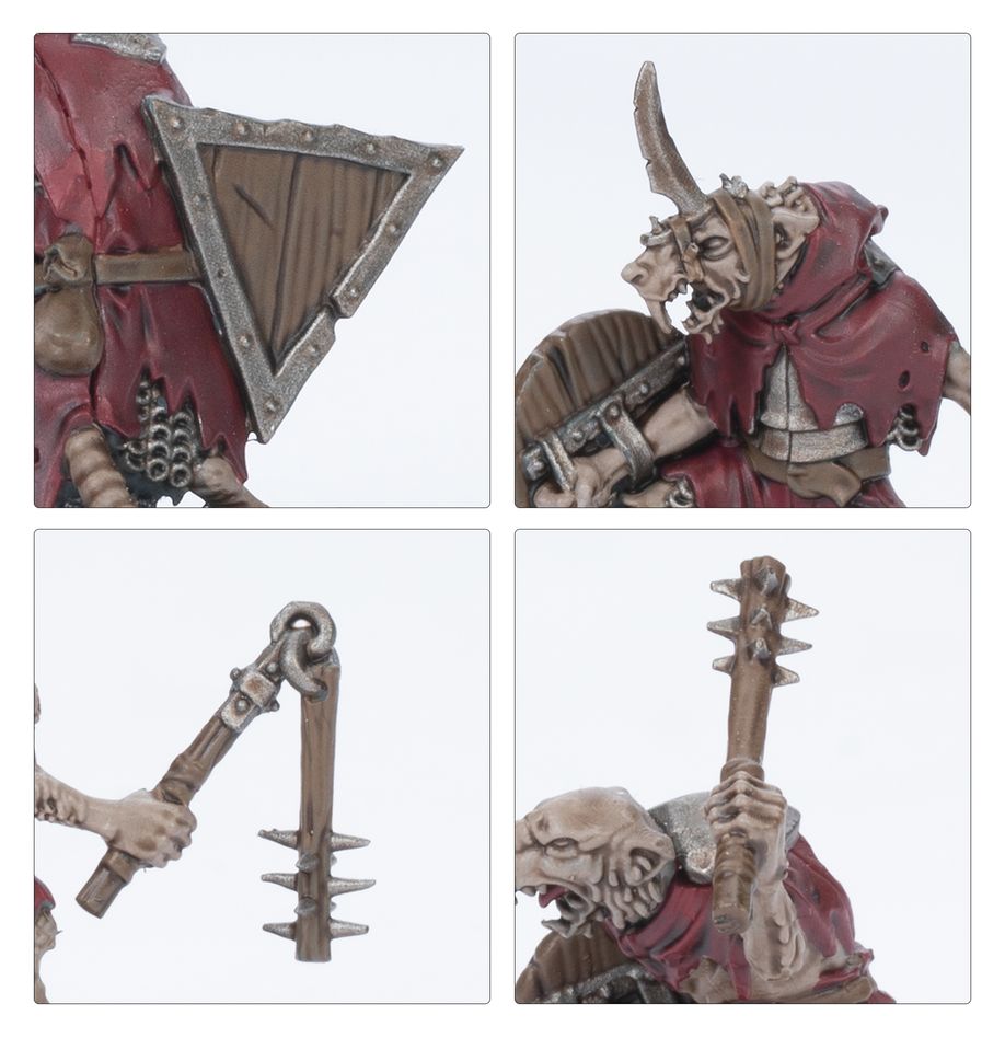 Close-ups of painted Skaven Clanrats: shield, horned head, flail and club