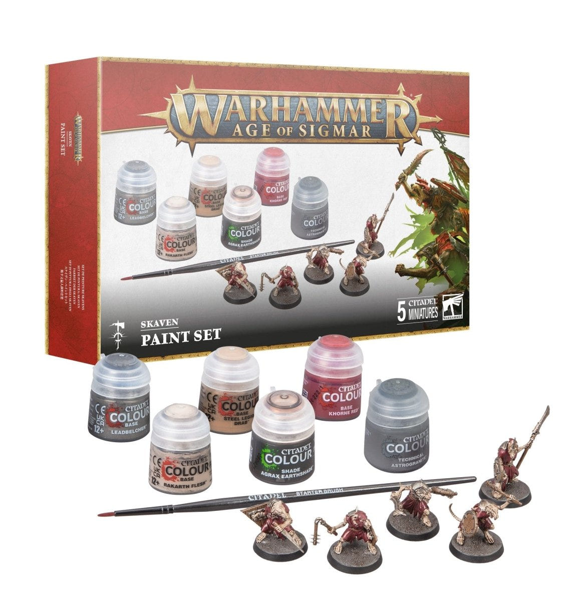 Age of Sigmar Skaven Paint Set box with Citadel paints, brush and five Clanrats