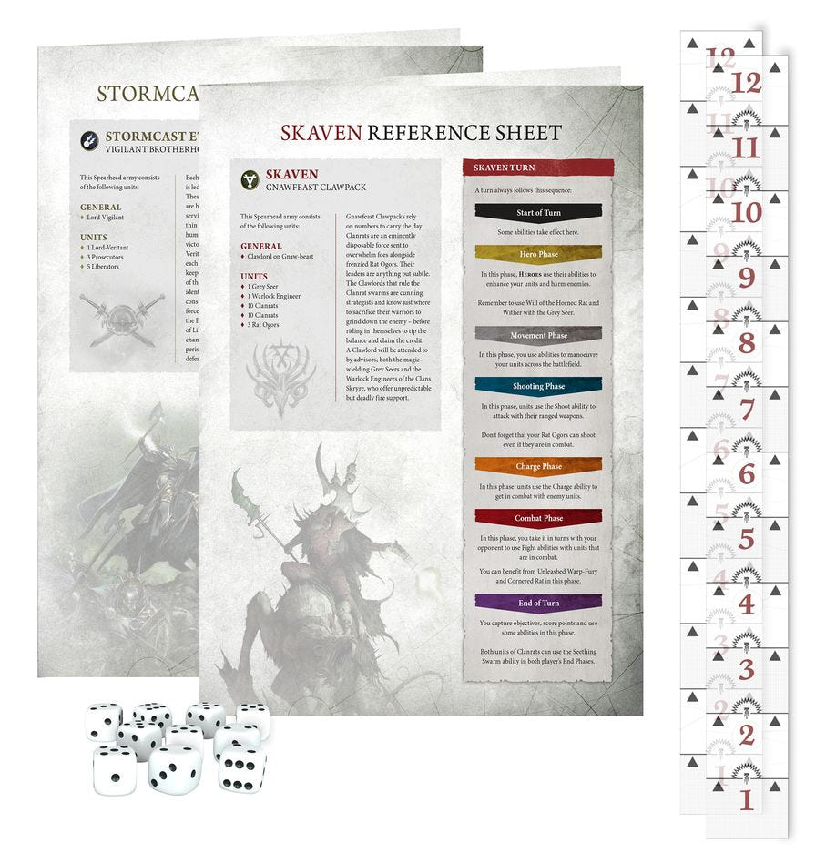 Stormcast and Skaven reference sheets, dice and range rulers from the Age of Sigmar Starter Set