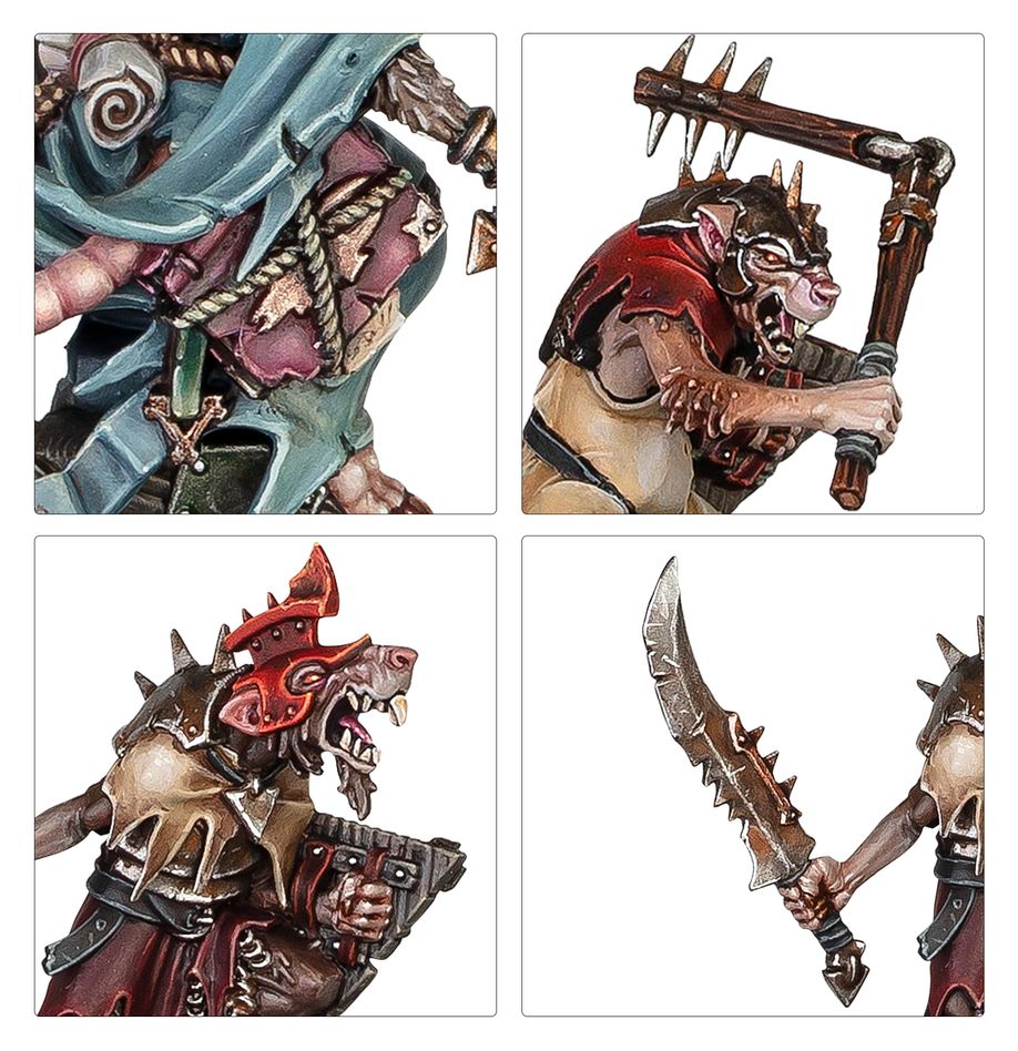 Close-ups of painted Skaven Clanrats and their weapons from the Age of Sigmar Starter Set