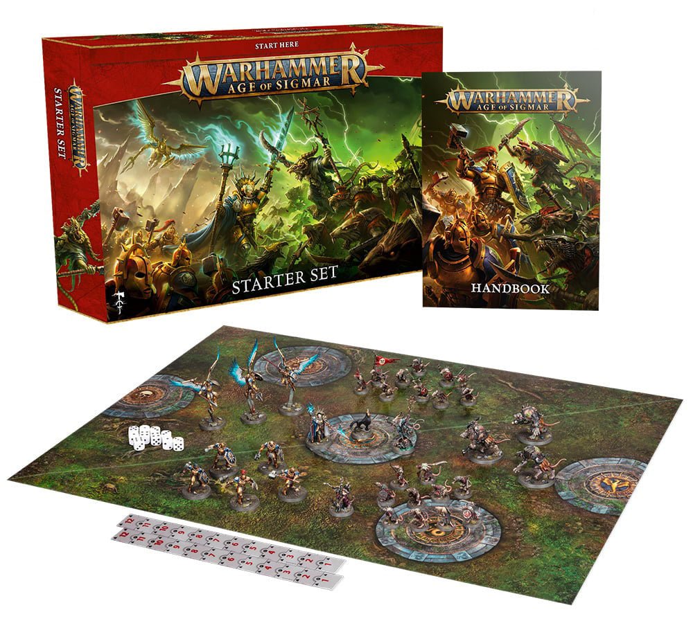 Warhammer Age of Sigmar Starter Set contents: box, handbook, play mat, dice and miniatures