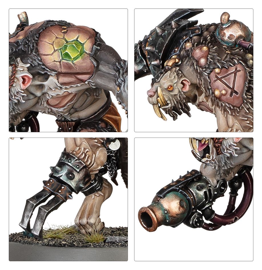 Close-ups of painted Skaven Rat Ogors with warpstone and a gun arm