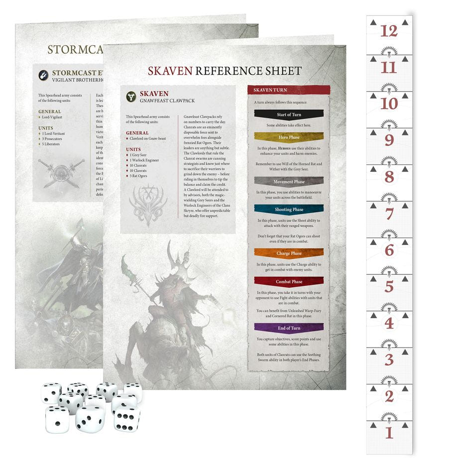 Stormcast and Skaven reference sheets, dice and range ruler from the Ultimate Starter Set