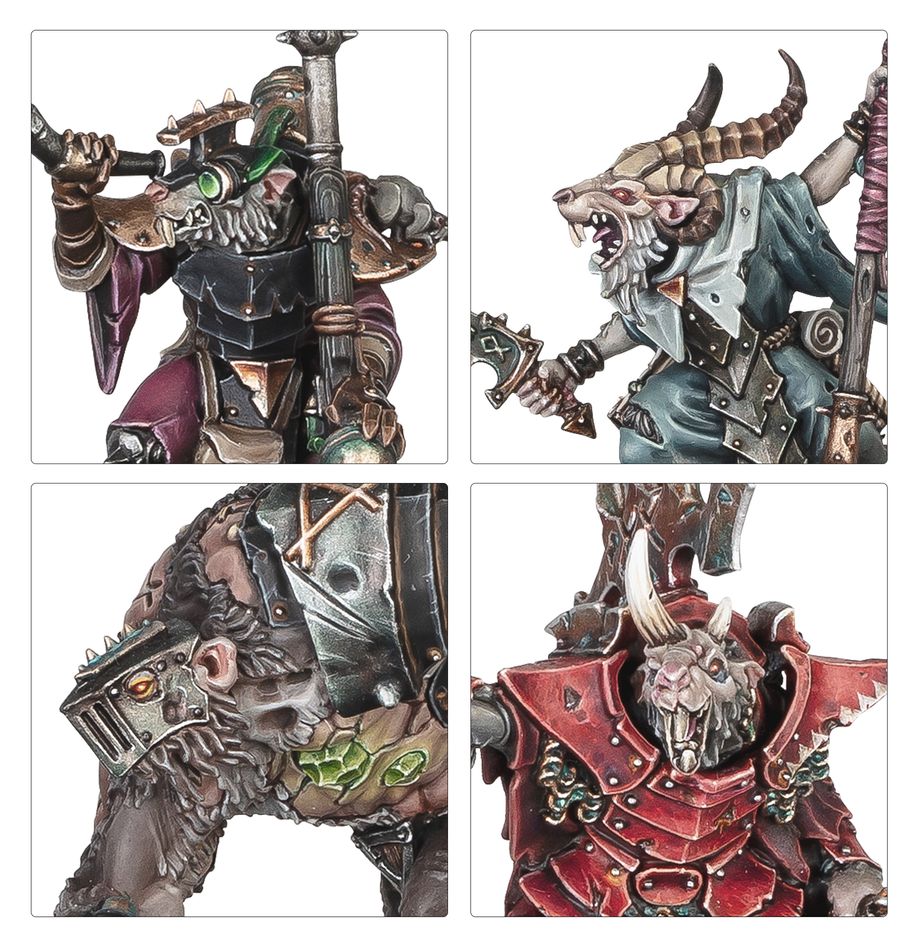 Close-ups of painted Skaven characters, horned sorcerer and red-armoured warriors