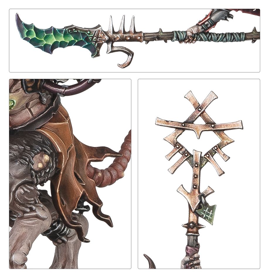 Close-ups of painted Skaven warpstone blade, rat ogor and bell-topped staff