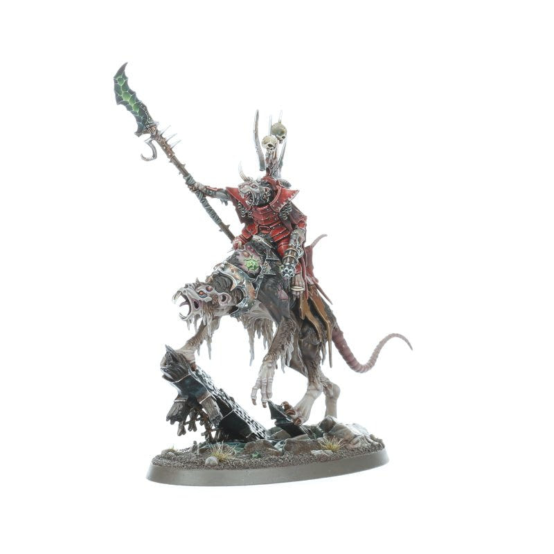 Painted Skaven hero riding a pale rat beast with a warpstone glaive