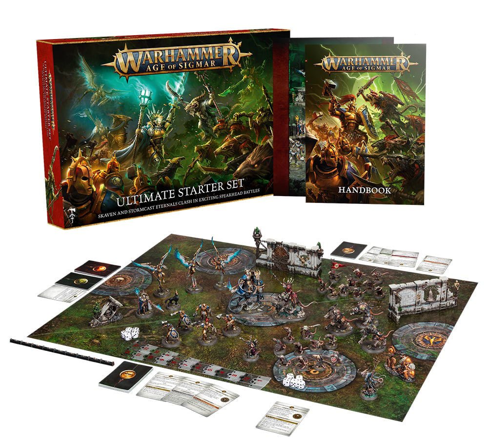 Games Workshop Age of Sigmar Ultimate Starter Set box, handbook and gameboard with miniatures
