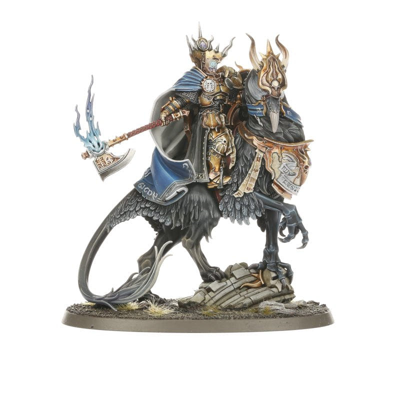 Painted Stormcast Eternals Lord on a dark winged beast with glowing axe