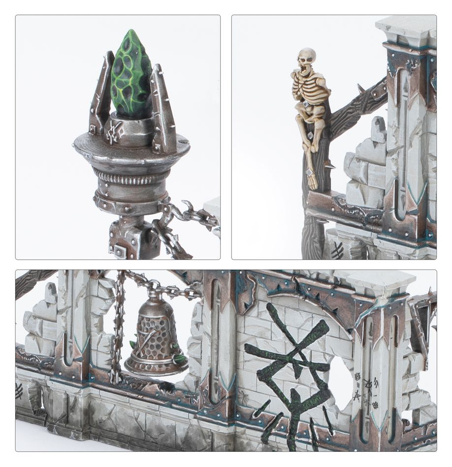Close-ups of Ultimate Starter Set ruins with warpstone lamp, skeleton, bell and rune wall