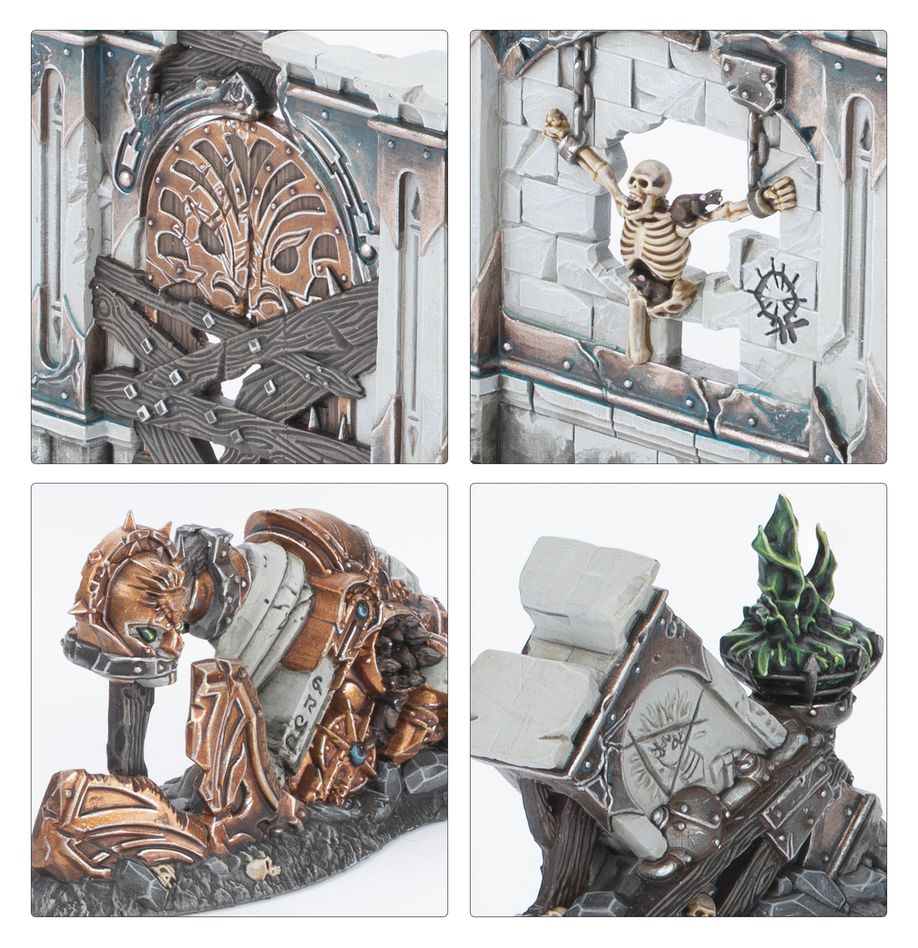 Close-ups of Ultimate Starter Set scenery: carved door, skeleton ruin and warpstone brazier