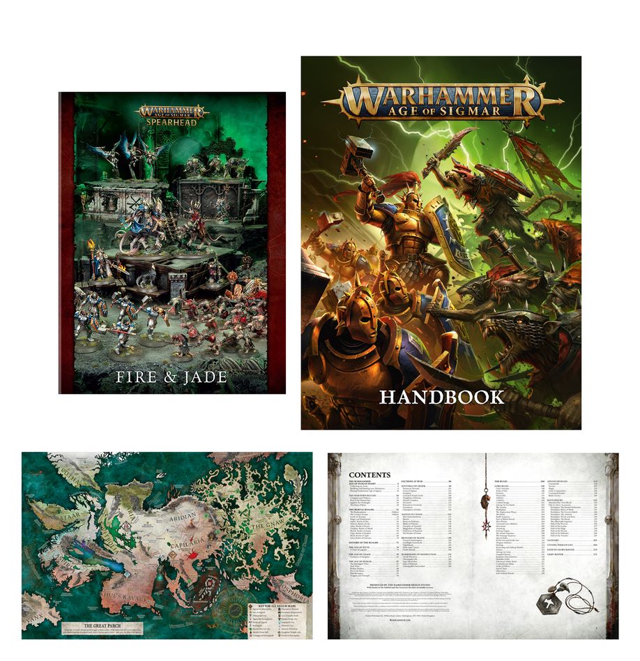 Age of Sigmar Ultimate Starter Set Spearhead: Fire and Jade book, handbook and contents pages