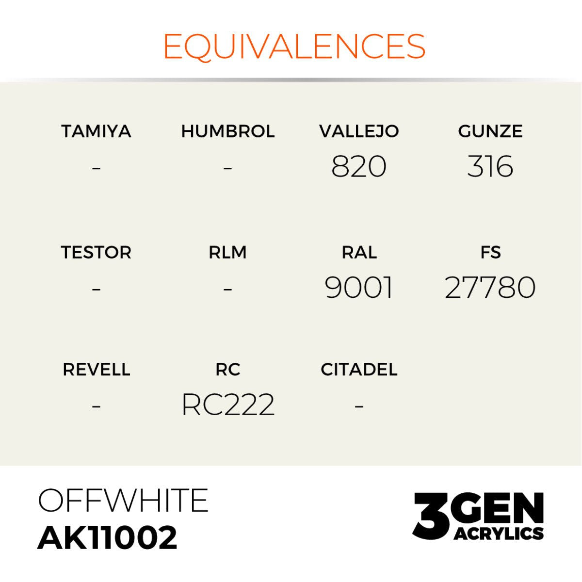 AK Interactive 3G Offwhite AK11002 equivalence chart: Vallejo 820, Gunze 316, RAL 9001 and FS 27780