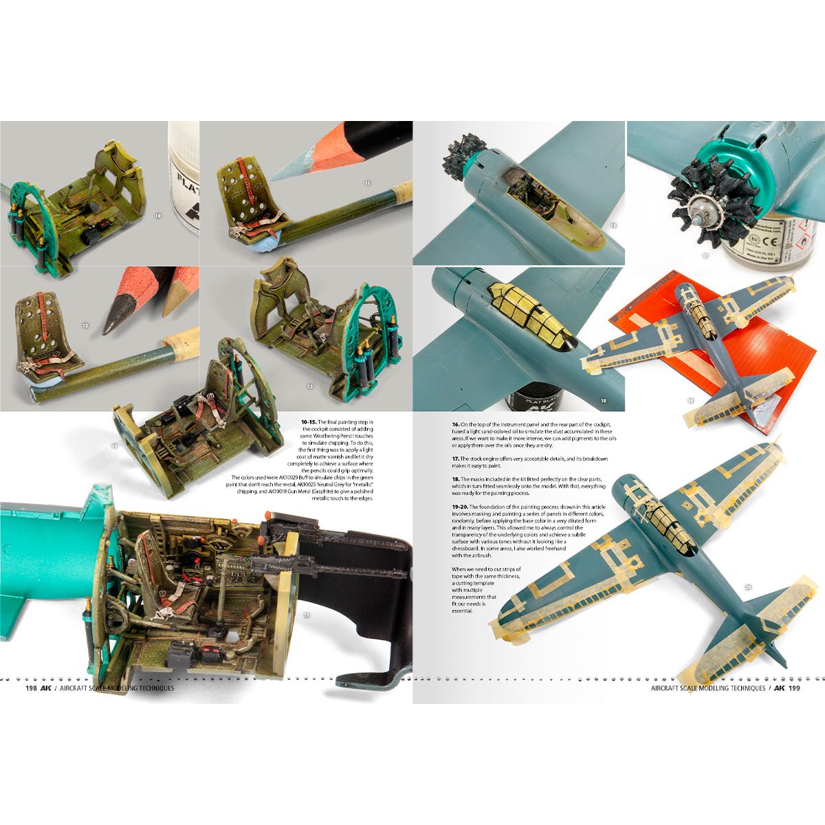 AK Aircraft Scale Modeling Techniques spread on cockpit detailing and camouflaged fighter model finishes
