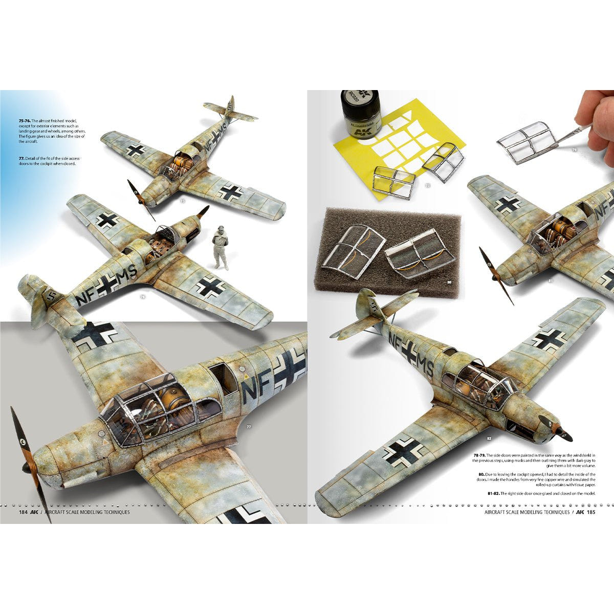 AK Aircraft Scale Modeling Techniques spread with a weathered desert-camouflage Bf 109 and canopy masks