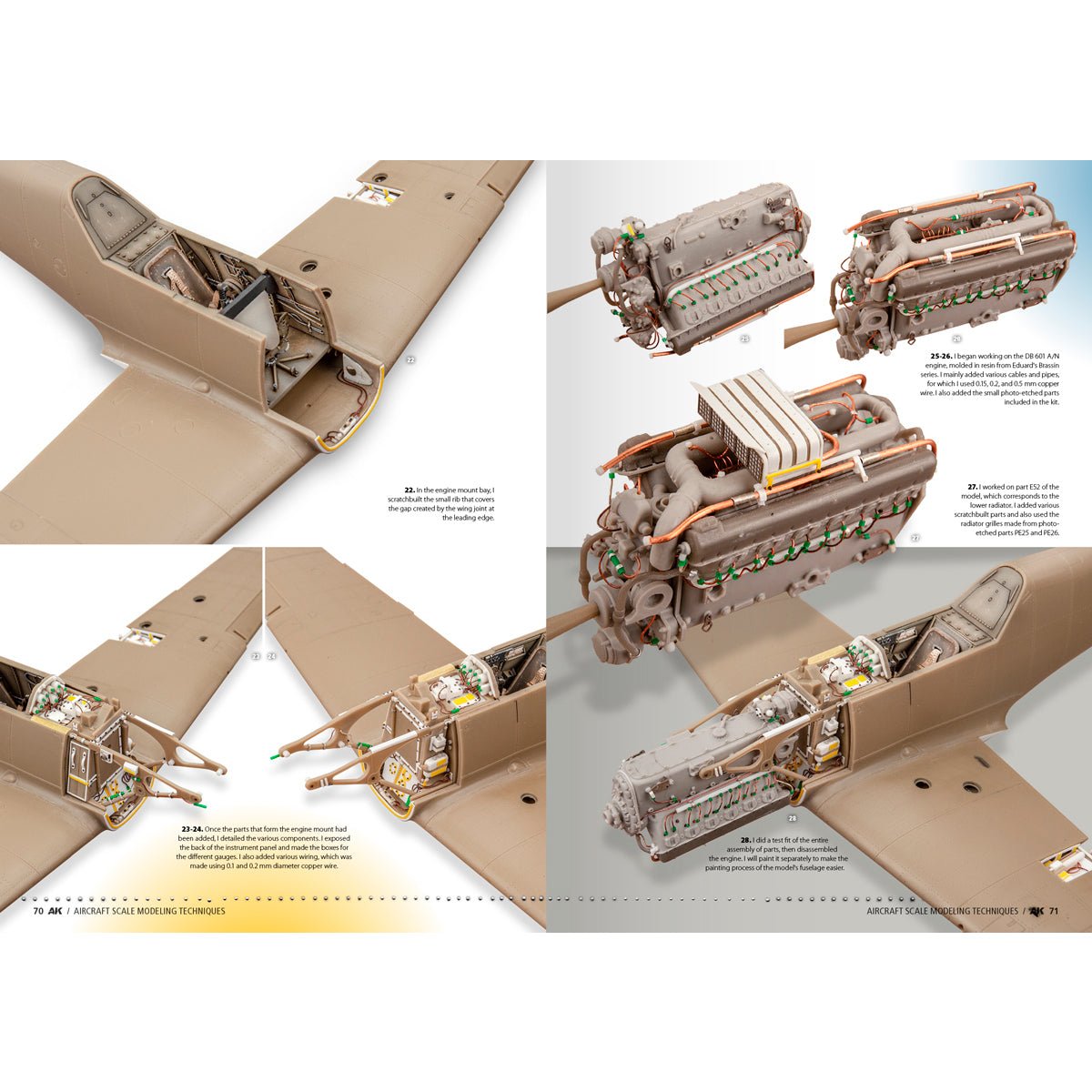 AK Aircraft Scale Modeling Techniques spread showing detailed fuselage halves and an inline engine